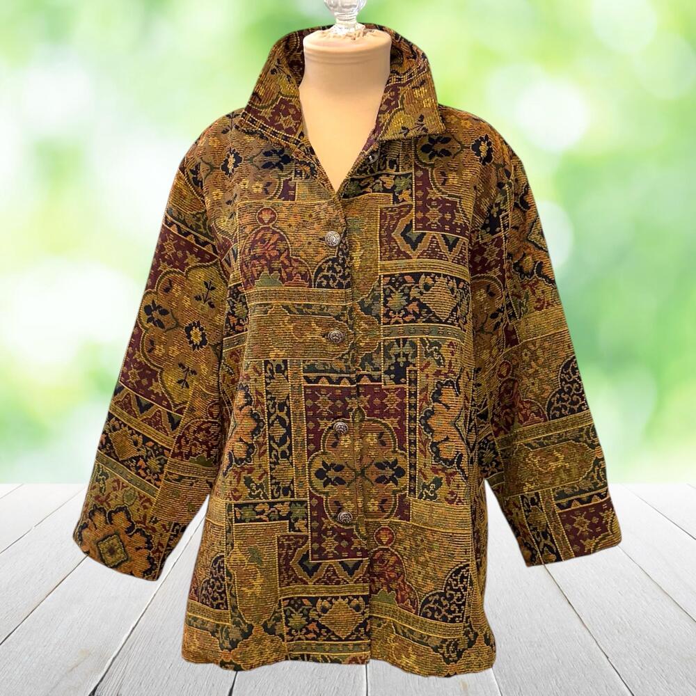 Vintage ELCC Tapestry Jacket Moroccan Boho Artwear Metal Buttons Brown Womens XL